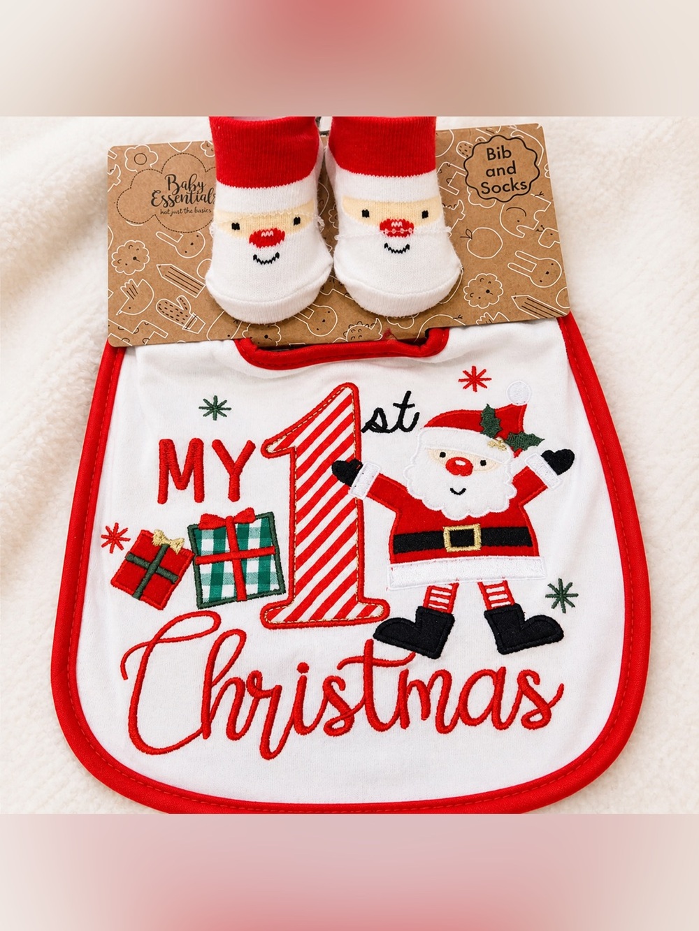 Baby First Christmas Bib & Socks Set Santa Red White Holiday Outfit